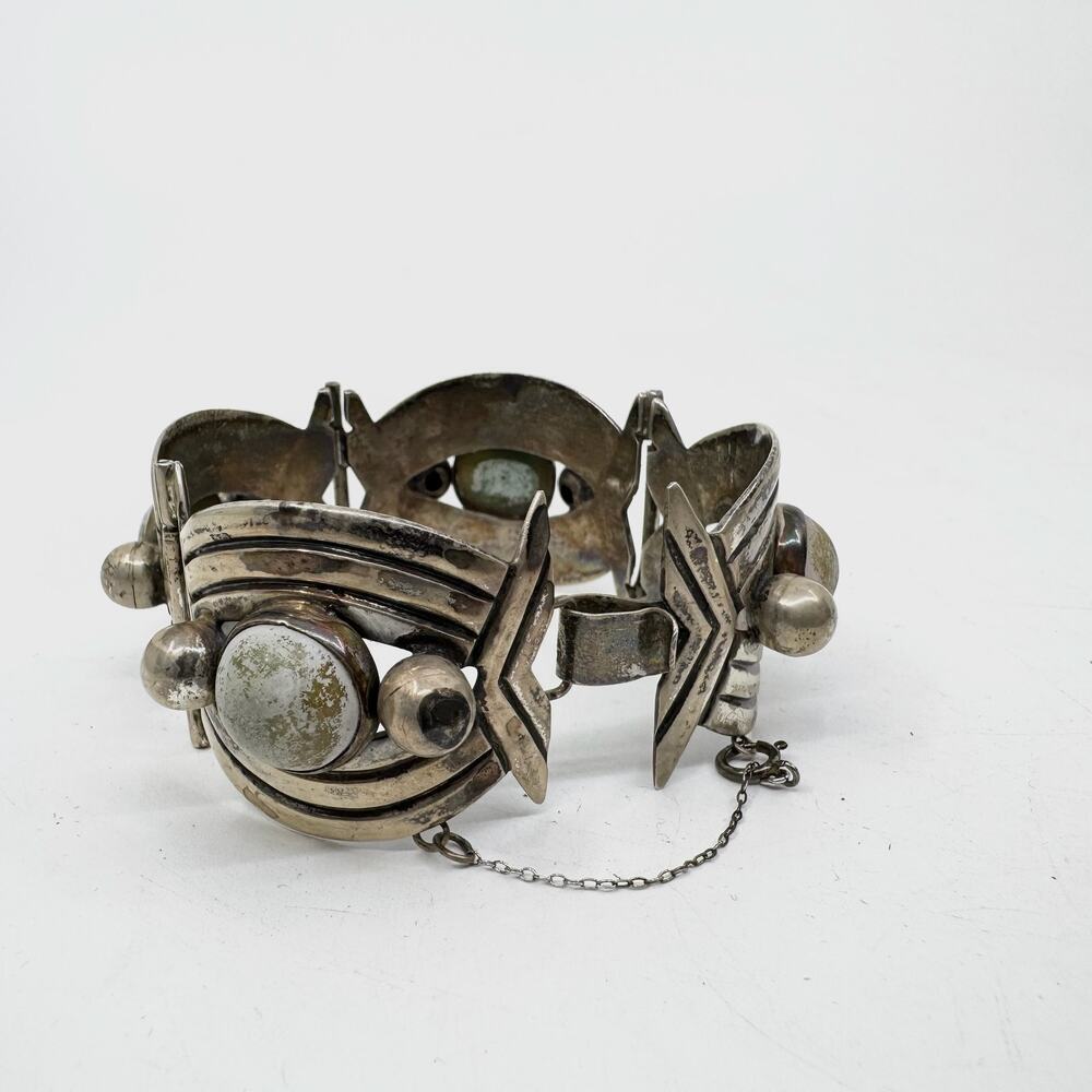 Vintage 40s Mexican Sterling Silver & Cabochon Bracelet - Picture 4 of 9